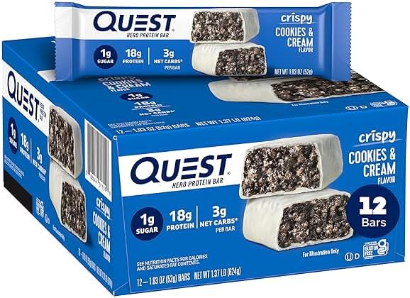 Quest Nutrition Crispy Cookies & Cream Hero Protein Bar, 18g Protein, 1g Sugar, 3g Net Carb, Gluten Free, Protein Snack, Keto Friendly, 12 Count - Product Image