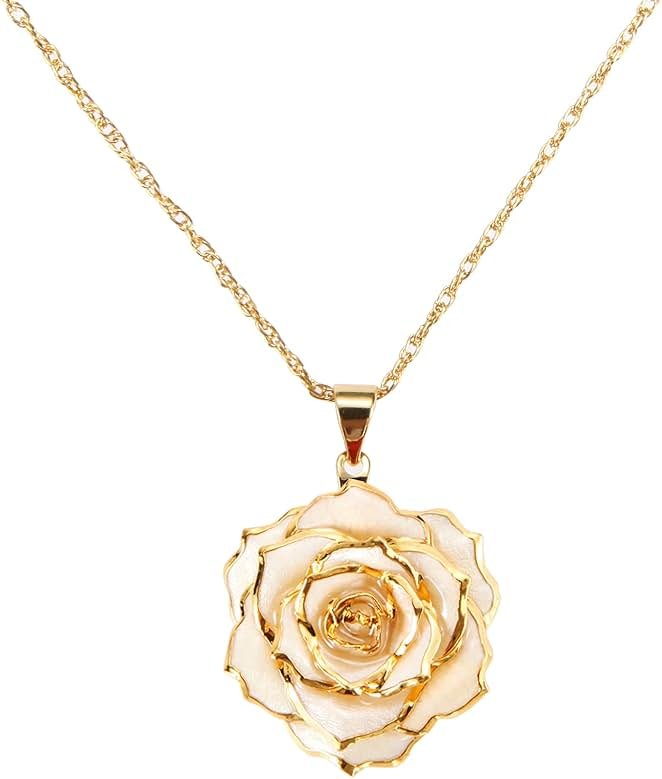 AliveRose Real Rose Gold Dipped Necklace Gifts for Women, 24K Gold Dipped Rose Pendant Necklace Jewelry Mothers Day Anniversaries Birthday Christmas Special Occasions Gifts for Her Mom Wife - Product Image