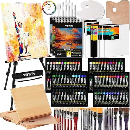 VISWIN Professional All-in-One Art Painting Kit with Aluminum & Beech Wood Easel, 96 Acrylic, Watercolor & Oil Paint Set, Canvas, Painting Set with Complete Art Supplies for Adult, Artist, Beginner - Product Image