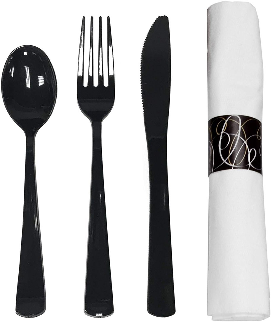 Party Essentials Party Supplies Wrapped Silverware Set Disposable, Pre Rolled Napkin and Cutlery, Spoons/Forks/Knives Black, 50 Units - Product Image