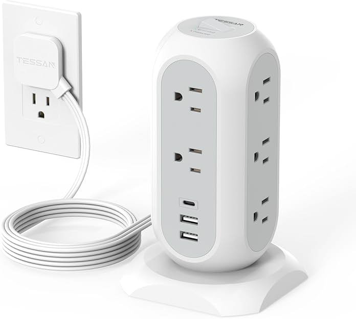 Tower Power Strip Flat Plug with 11 Outlets 3 USB (1 USB C), TESSAN Surge Protector Tower 1625W/13A,1050J Protection, 6 Feet Extension Cord with Multiple Outlets, Office Desk Supplies, Dorm Essentials - Product Image