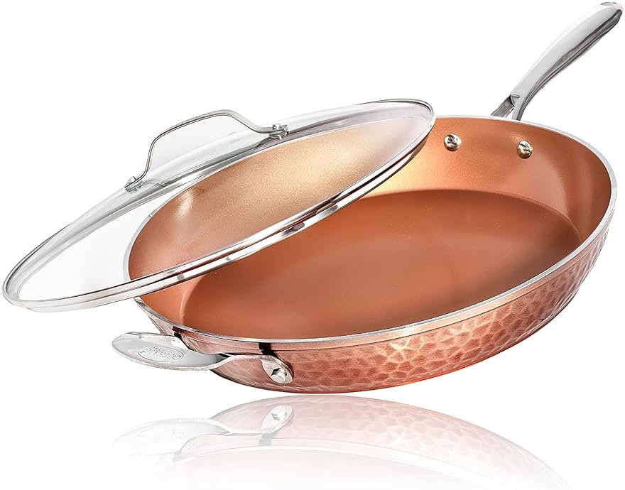 Gotham Steel Hammered Copper 14 Inch Non Stick Frying Pan with Lid, Nonstick Frying Pan with Ceramic Coating and Induction Plate for Even Heating, Oven / Dishwasher Safe, 100% Healthy & Non Toxic - Product Image