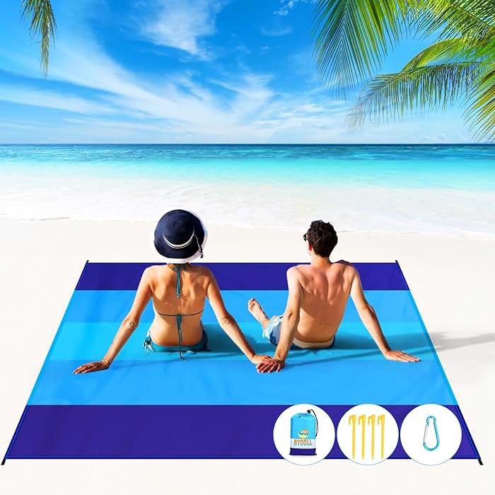 BYDOLL Beach Blanket Waterproof Sandproof Large Sand Free,78''X81''/10'X9' Oversized Sandless Lightweight Blanket Picnic Mat for Beach Travel Camping Hiking with Stakes - Product Image