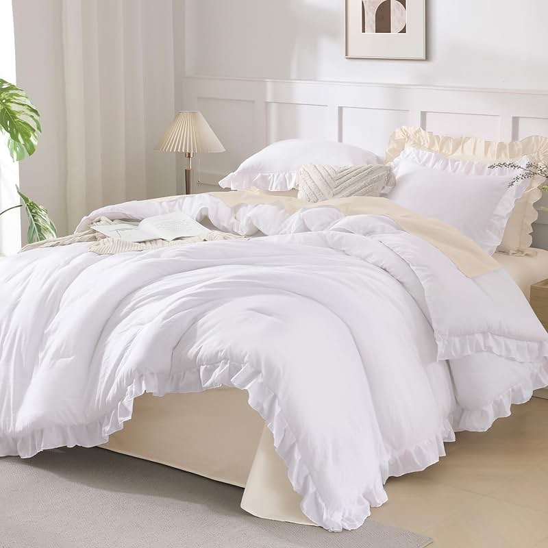 Andency White Comforter Queen Size, 3 Pieces Ruffle Shabby Chic Farmhouse Queen Comforter Sets, All Season Lightweight Fluffy Room Decor Bed Set for Girls Women Teens Gift Choice - Product Image