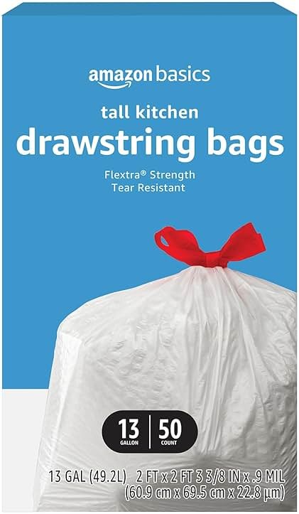 Amazon Basics Flextra Tall Kitchen Drawstring Trash Bags, 13 Gallon, 50 Count, Tear-Resistant, Unscented - Product Image