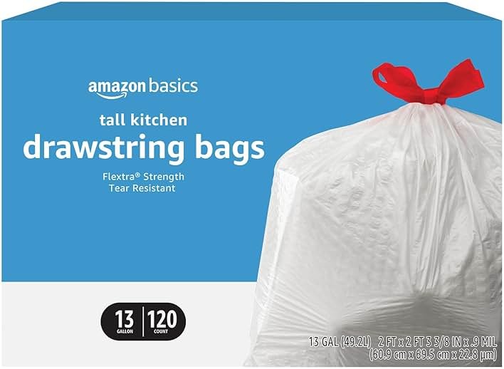 Amazon Basics Flextra Tall Kitchen Drawstring Trash Bags, 13 Gallon, 120 Count - Product Image
