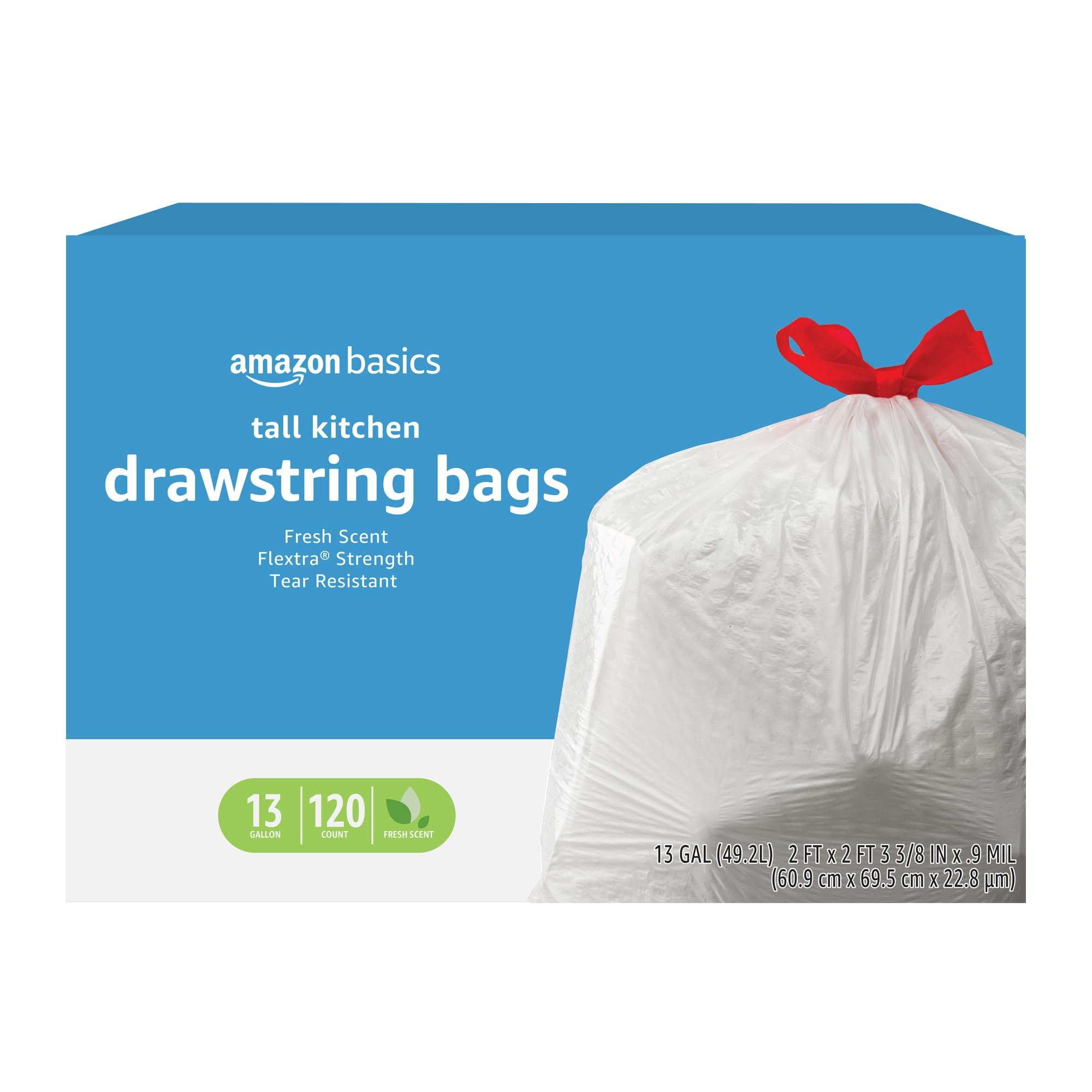Amazon Basics Flextra Strength Tall Kitchen Drawstring Trash Bags, Fresh Scent, Tear Resistant, 13 Gallon, 120 Count - Product Image