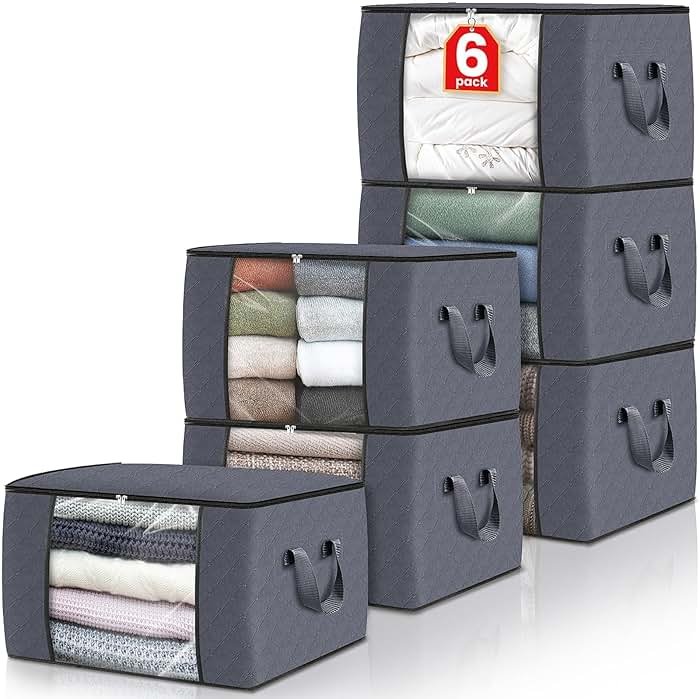 Fab totes 6 Pack Storage Bags for Clothes and Blanket, Foldable Closet Organizers and Storage with Zippers, Clear Window and Handles, Fabric Storage Bins for Sweater, Comforter, Bedding,Linen Sheets - Product Image