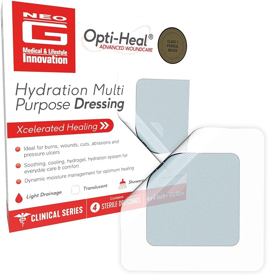 Neo G Opti-Heal Hydration Multi Purpose Dressing - Hydrogel Wound Dressing Pads for Advanced Wound Management - Ulcer Dressing, Bed Sore Bandages, Diabetic Wound, Burn Dressing Gel 4 x 4-4 Pcs - Product Image