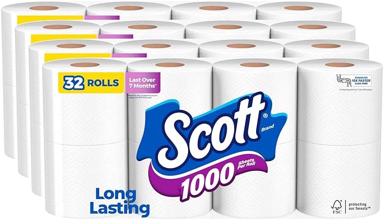 Scott 1000 Trusted Clean Toilet Paper, 32 Rolls, Septic-Safe, 1-Ply Toilet Tissue - Product Image