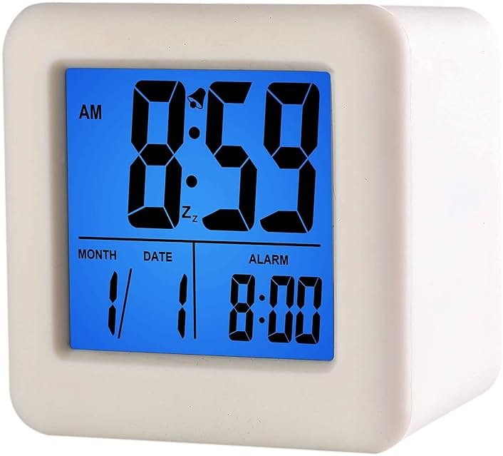 Plumeet Easy to Set Digital Travel Alarm Clock, Snooze Function, Soft Night Light, Large Screen time and Month and Date Display and Alarm, Progressive Sound Alarm and Handy Size (White) - Product Image