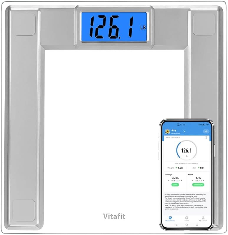 Vitafit 550lb Digital Bathroom Scale for Body Weight and BMI Via Smart APP, High Accuracy Assured by Weighing Professional Since 2001, 8mm Tempered Glass, Extra Large Blue Backlit LCD, Silver - Product Image