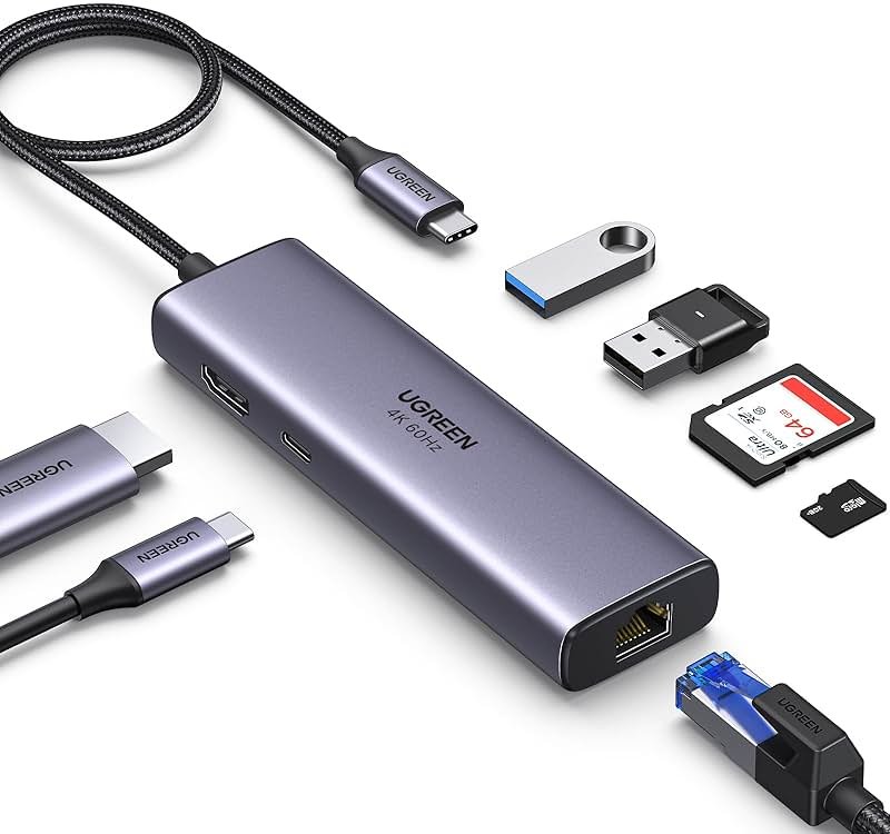 UGREEN Revodok 7 in 1 USB C Hub Gigabit Ethernet Adapter 4K@60Hz HDMI, 100W PD Charging, USB A Data Ports, SD/TF Card Reader Compatible with MacBook Neo/Pro/Air, iPad, Steam Deck - Product Image