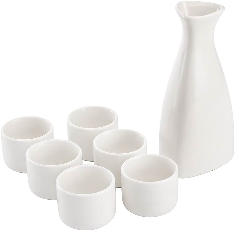 Tosnail 7 Pieces Ceramic Japanese Sake Set, 1 Serving Carafe and 6 Cups - White - Product Image