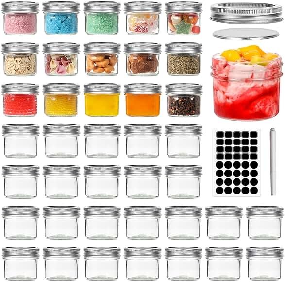 Homerove 4 oz Mason Jars with Lids and Bands, 40 Pack 120 ml Regular Mouth Glass Canning Jars for Jam, Honey, Wedding Favors, Shower Favors, Spice(Silver) - Product Image