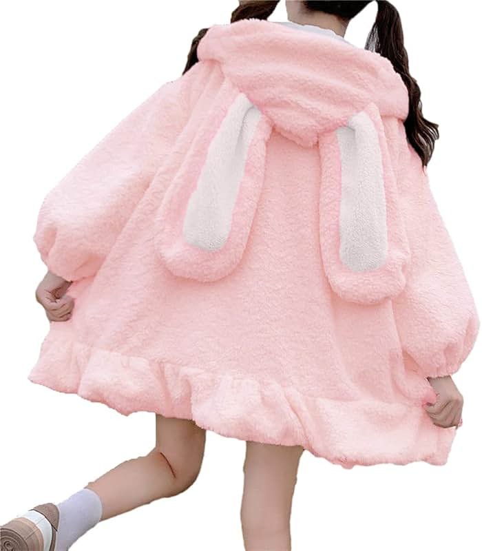BZB Kawaii Anime Bunny Ear Hoodies For Women Sweet Lovely Fuzzy Fluffy Rabbit Sweater Tops Cosplay Jacket Coats - Product Image