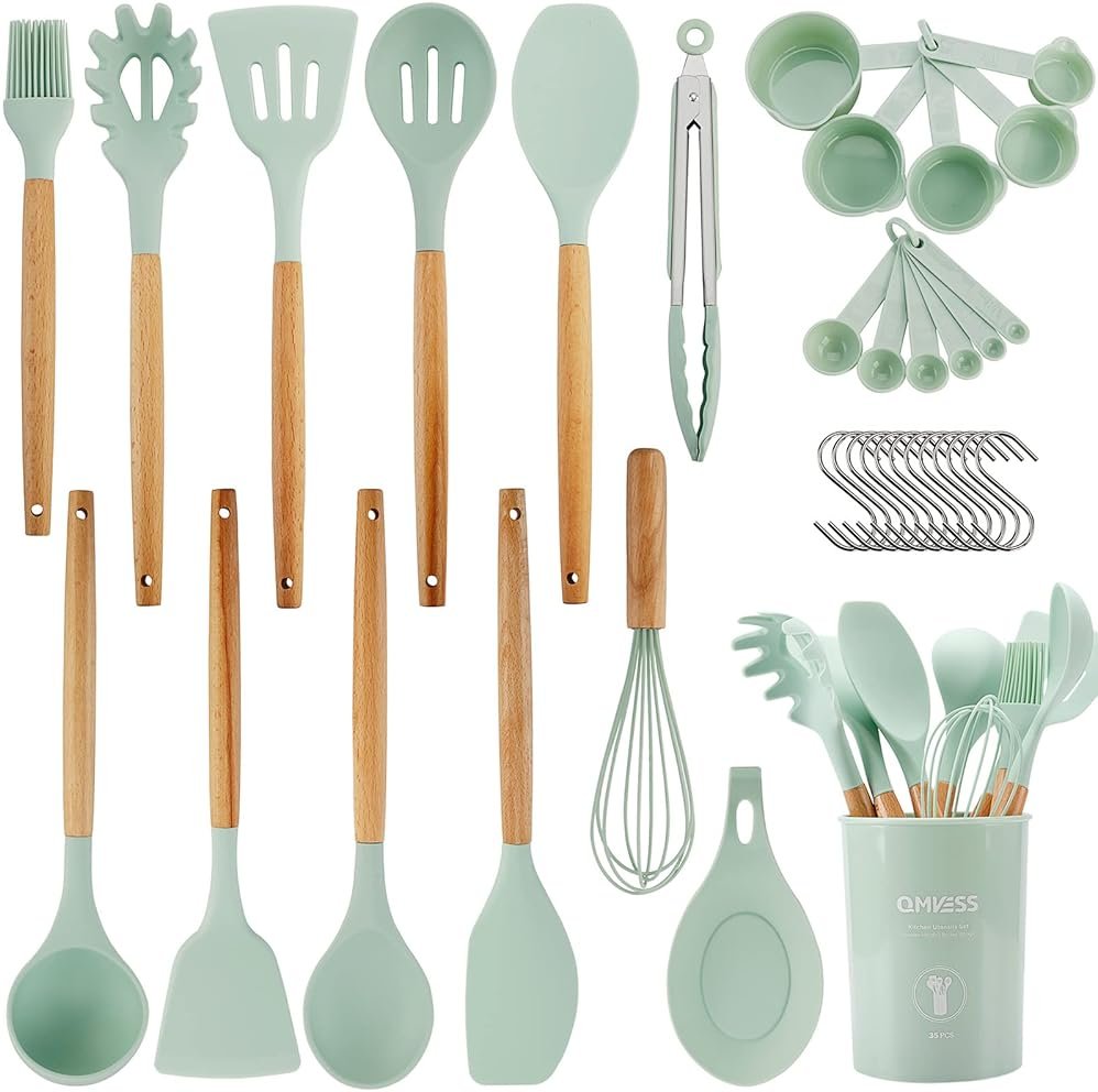 QMVESS Silicone Kitchen Utensils Set, 35 Pcs Non-Stick Cooking Utensils Set, Sturdy Insulation Wooden Handle Kitchen Accessories for Cooking with Spatula Set and Spoons Set Gadgets (Light Green) - Product Image
