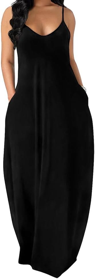OFEEFAN Women's Maxi Dresses Summer Spaghetti Strap Dress with Pockets - Product Image