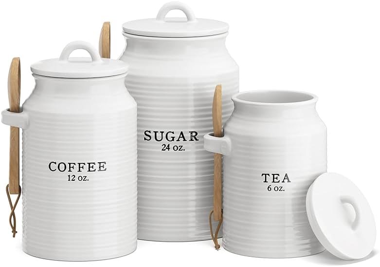 Barnyard Designs Canister Set for Kitchen Counter, Coffee Tea Sugar Container Ceramic Set, Decorative Canisters, Rustic Farmhouse Canister Jars, White (Coffee/Sugar/Tea) - Product Image
