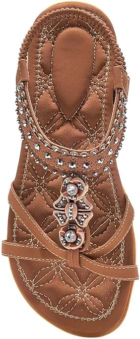 Alicegana Womens Sandals Shoes Comfort Walking with Non Slip on Casual Summer 2026 Shoes Dress Ankle Elastic Jeweled Bohemian Flats Vacation Wedding - Product Image