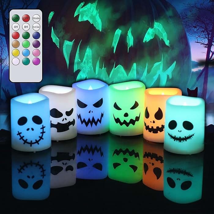 GenSwin Halloween Flameless Votive Candles Color Changing with Remote Timer, Battery Operated LED Tealight Candles for Halloween Home Decoration Gifts(6 Pack, 1.5” x 2”)(Battery Included) - Product Image