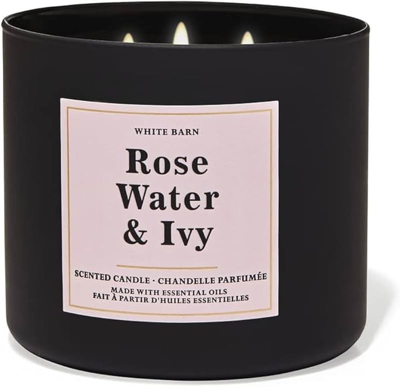 Bath and Body Works, White Barn 3-Wick Candle w/Essential Oils - 14.5 oz - 2021 Core Scents! (Rose Water & Ivy) - Product Image