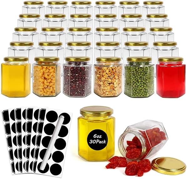 Betrome 30 Pack 6oz Hexagon Glass Jars with Gold Lids, 180ml Clear Glass Canning Jars Honey Jars Spice Jars Mason Jars for Jams, Shower Favors, Wedding Favors, Craft, 1 Pen and Labels Included - Product Image