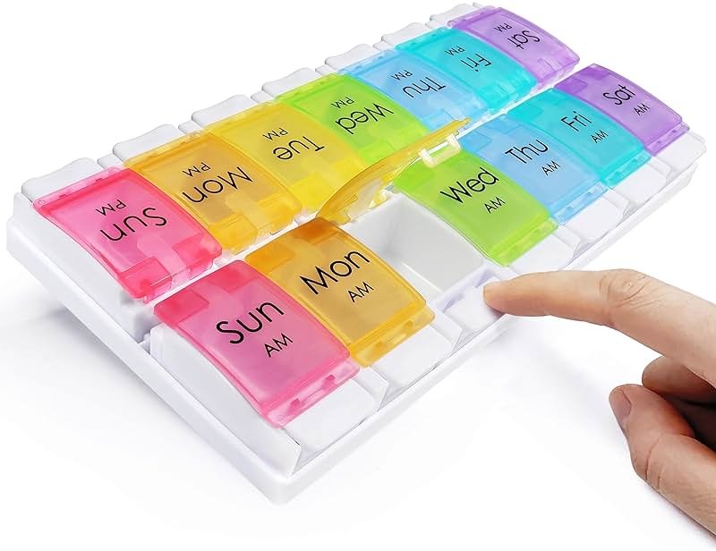 MOLN HYMY Large Pill Organizer 2 Times a Day, AM PM Pill Box 7 Day, 14 Dividers 2 Week Medicine Pill Organizer with Easy Push Button for Medication, Vitamins, Fish Oils, Supplements - Product Image