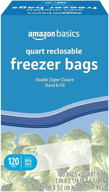 Amazon Basics Reclosable Freezer Quart Food Storage Bags with Zipper Seal, BPA Free, Stand and Fill, Airtight, 120 Count (Previously Solimo) - Product Image