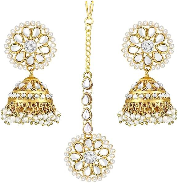 Aheli Kundan Pearl Jhumki Earrings with Maang Tikka Indian Traditional Bollywood Fashion Jewelry Set Gift for Women - Product Image