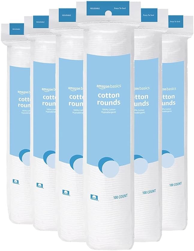 Amazon Basics Hypoallergenic 100% Cotton Rounds for Makeup Remover and Skincare, All Skin Types, 600 Count, 6 Packs of 100 Count - Product Image