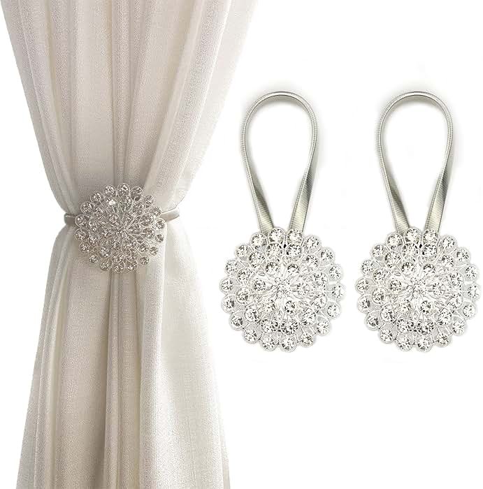 Magnetic Tiebacks for Curtains, 2 Pack Sparkling Crystal Flower Curtain Tiebacks Curtain Buckle Clips with High-Elastic Spring Wire for Home Office Decoration (White) - Product Image
