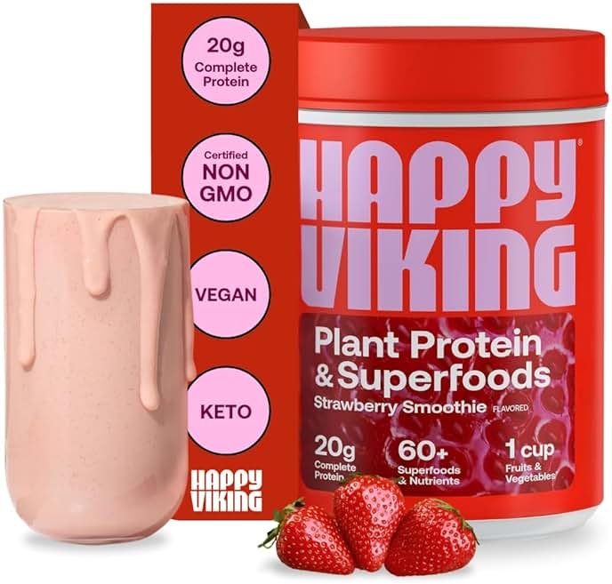 Happy Viking Plant-Based Protein Powder +100 Superfoods Strawberry Meal Replacement Shake, Created by Venus Williams, 30g Plant Protein, 10g Fiber, Vegan, Gluten-Free, Non-GMO,15 Meals - Product Image