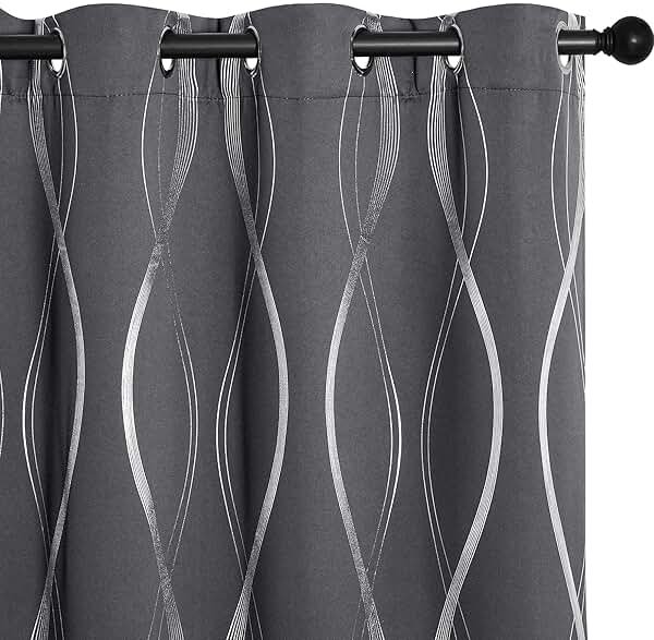 NICETOWN Grey Blackout Striped Pattern Curtains for Living Room 84 inch Long 2 Panels Set, Noise Reducing Thermal Insulated Wave Line Foil Print Bedroom Drapes for Patio Sliding Glass Door (52 x 84) - Product Image