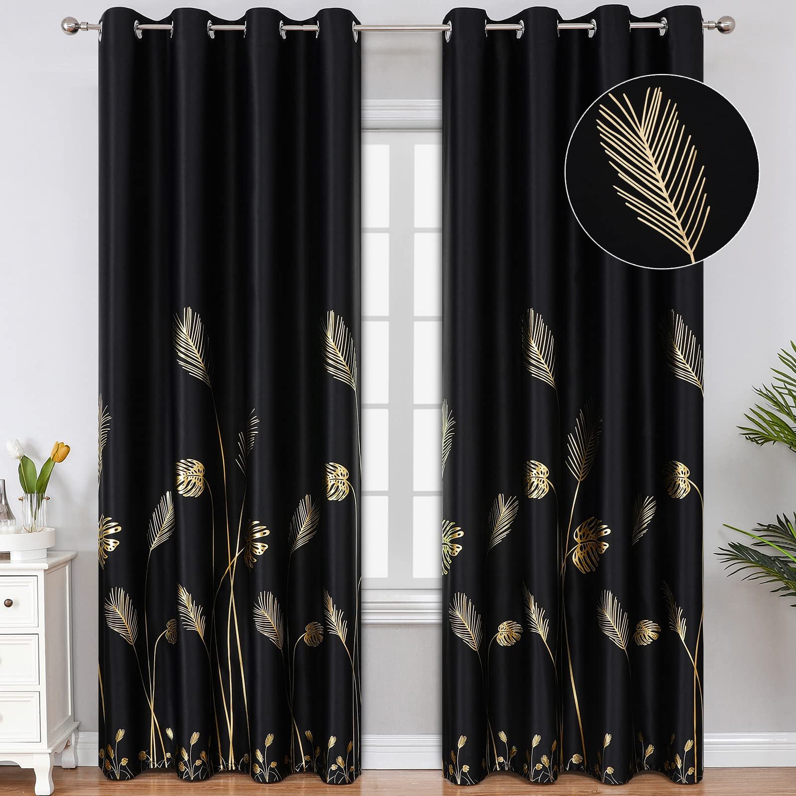 Estelar Textiler Black Blackout Curtains for Bedroom 84 Inches Long, Room Darkening Grommet Thermal Insulated Curtains for Living Room, Light Blocking Drapes with Gold Print Design,52Wx84L,2 Panels - Product Image