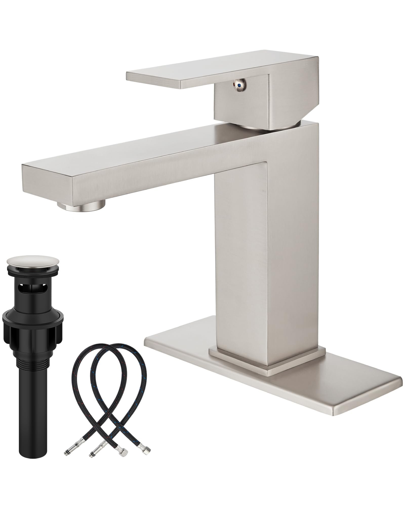 Midanya Bathroom Faucets 1 Hole, Single Handle Stainless Steel Bathroom Sink Faucet, Modern Vanity Faucets with Deck Plate,Water Supply Hoses and Pop Up Drain,Brushed Nickel - Product Image
