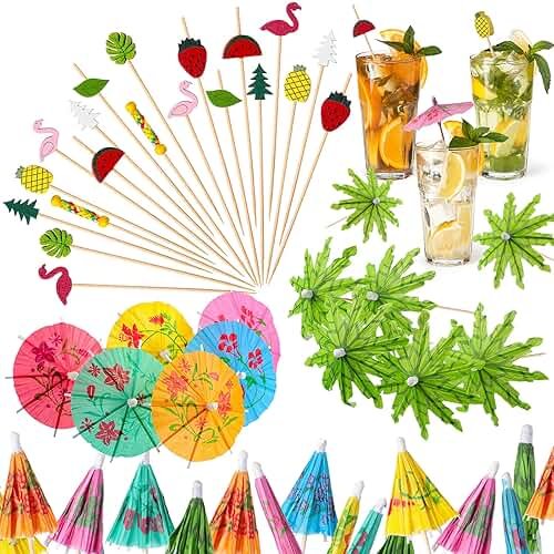 160 Pcs Cocktail Drink Decoration Accessories 60 Drink Cocktail Umbrellas 100 Fruit Picks Summer Coconut Palm Colorful Bamboo Toothpicks Tropical Luau Hawaiian Beach Party Decorations - Product Image