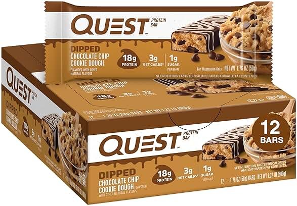 Quest Nutrition Dipped Chocolate Chip Cookie Dough Protein Bars, 18g Protein, 3g Net Carbs, Gluten Free, 1.76 Oz, 12 Count - Product Image