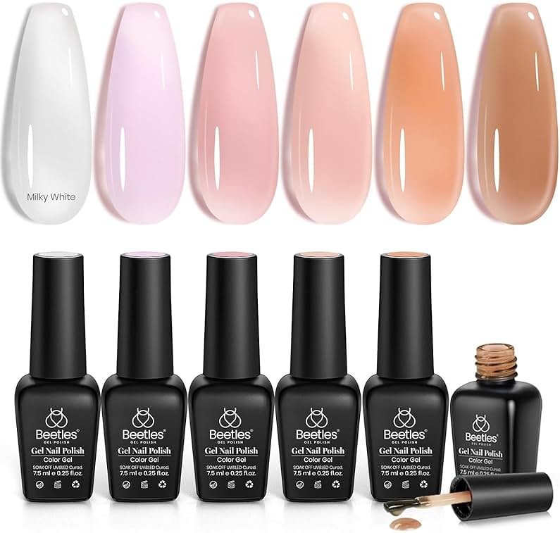 Beetles Sheer Elegance Nude Gel Nail Polish Set - 6 Colors Jelly Gel Polish Kit Milky White Nude Pink Brown Nail Concealer Translucent Effect Soak Off Uv French Nail Art Gift for Women - Product Image