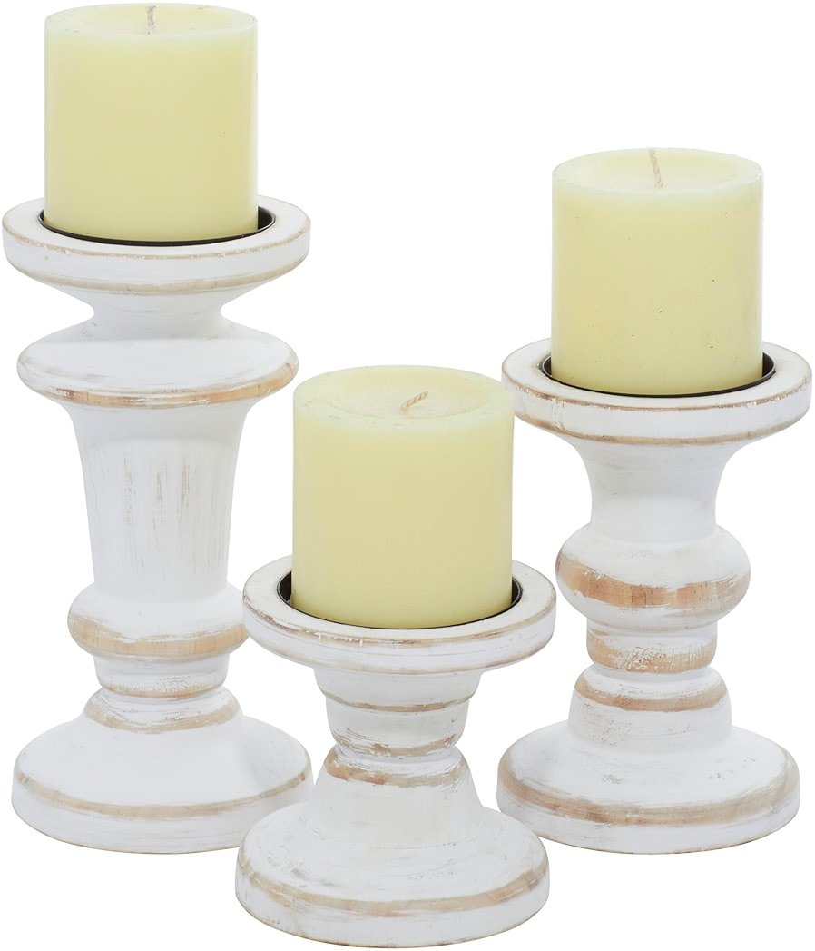 Deco 79 Wood Decorative Candle Holder Candle Stand, Set of 3 Candlestick Holder 8", 6", 4"H, White - Product Image