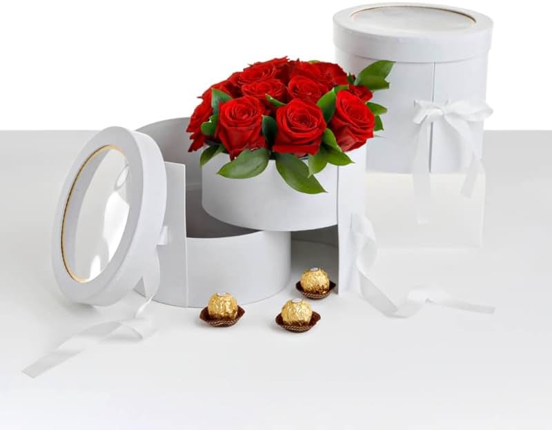 UNIKPACKAGING Premium Quality Round Flower/Gift Box 2 TIER w Lid, Size 7.8 dia x 7 inch for Luxury Arrangements (White) - Product Image