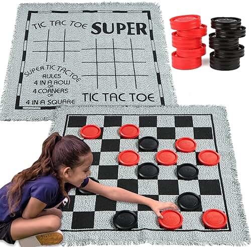 3-in-1 Vintage Giant Checkers, Tic, Tac, Toe, with Reversible Mat, 24 Chips, Family Board Game, Lawn Game, BBQ Party Favor, Indoor and Outdoor Activity for Kids and Adults - Product Image