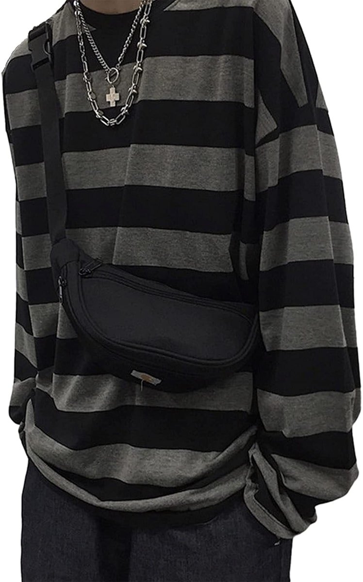 Women Harajuku Oversized Stripe Casual Long Sleeves Crewneck T-Shirt Tee Tops - Product Image