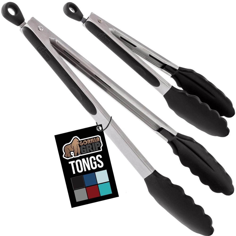 GORILLA GRIP Stainless Steel Heat Resistant Kitchen Tongs for Cooking, Set of 2 BBQ Tong, Non Scratch Silicone Tip for Pans, Strong Grip, Grab Food, Toss Salad, Air Fryer, Pull Lock, 7 + 9 Inch, Black - Product Image