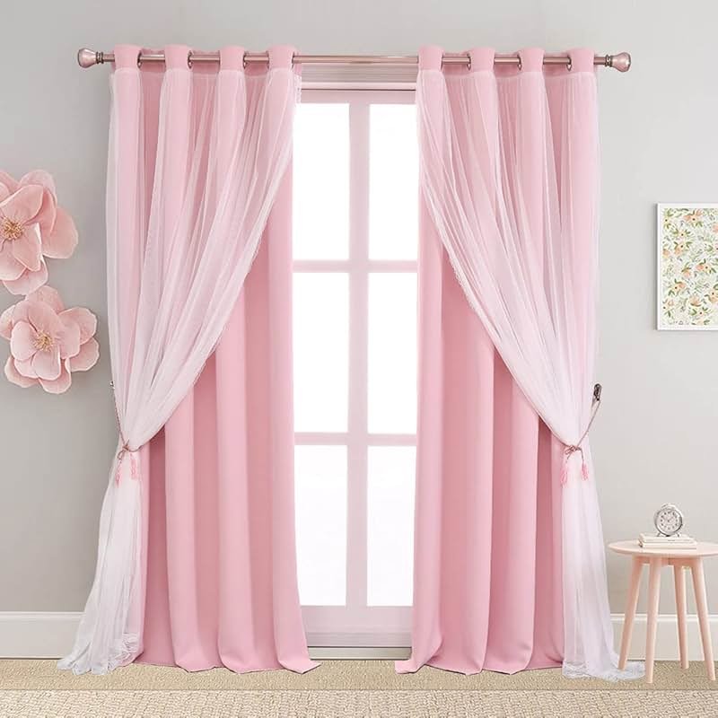 SOFJAGETQ Pink Blackout Curtains with Lace Hems Sheer Overlay, 2 Panels, Thermal Insulated & Soundproof, Room Darkening, Living Room, Bedroom - Modern Elegant Romanntic Pink Drapes, 52x84 Inches - Product Image