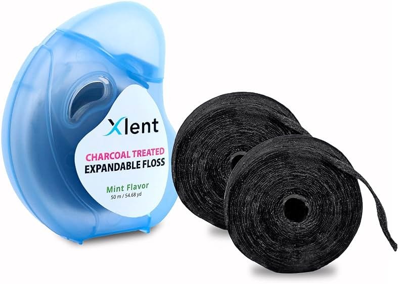 Xlent Expanding Dental Floss – Activated Charcoal with Xylitol – Mint – Refillable Starter Kit (1 Dispenser + 2 Refills, 150m Total) – PFAS & PTFE Free – Plant-Based Wax - Product Image
