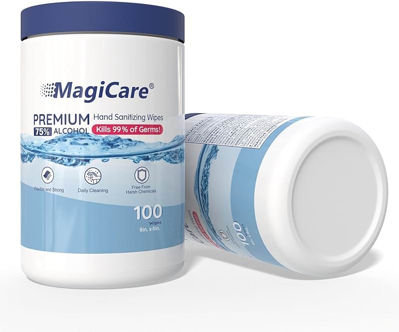 MagiCare 75% Large Alcohol Wipes (2, 100ct Canisters, 200ct) - Hand Sanitizer Wipes, Unscented Hand Wipe, Cleaning, Sanitizing Wipe - Home, Office, Classroom, Car, Camping - Product Image