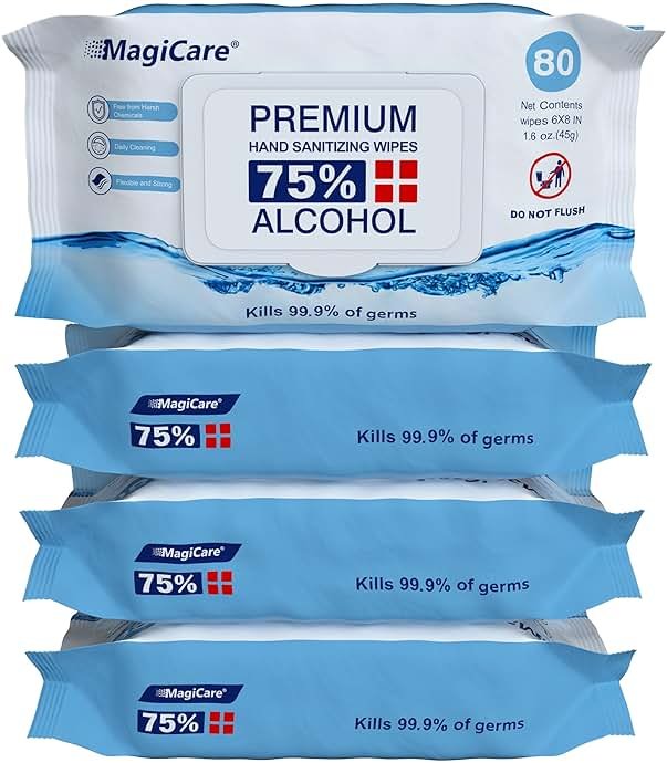 MagiCare 75% Large Alcohol Wipes (4, 80ct Packs, 320ct) - Hand Sanitizer Wipes, Unscented Hand Wipe, Cleaning, Sanitizing Wipe - Travel, Home, Office, Classroom, Car, Camping - Soft Packs - Product Image