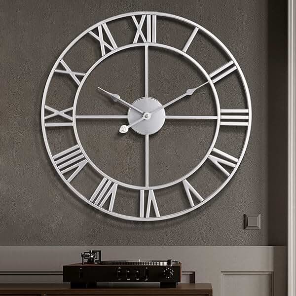 1st owned Large Wall Clock Silent Non-Ticking Roman Numerals Vintage Battery Operated (24 inch,18inch,16inch) Farmhouse Wall Clock for Living Room, Bedroom, Kitchen, Cafe Decor-Silver 40CM - Product Image