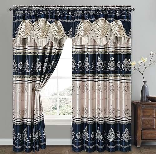 GOHD Harmony Horizon. Jacquard Farmhouse Window Curtain Panel Drape with Attached Fancy Valance. 2pcs Set. Each pc 54" Wide x 90" Drop with 18" Valance. (Navy Blue) - Product Image